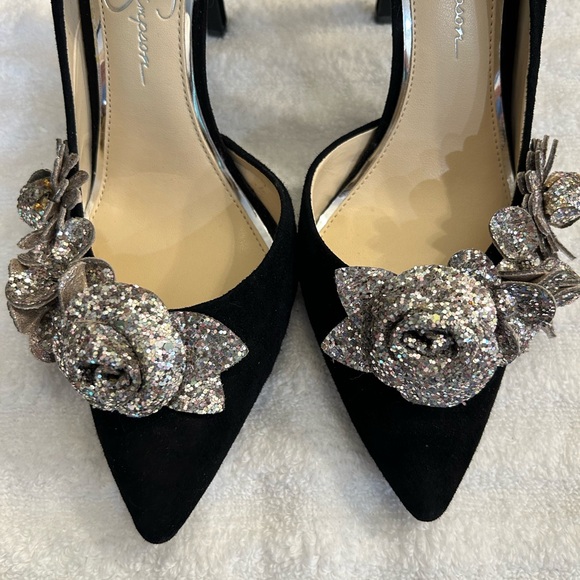 Jessica Simpson velvet like black heels embellished with silver flower details. - Picture 3 of 8